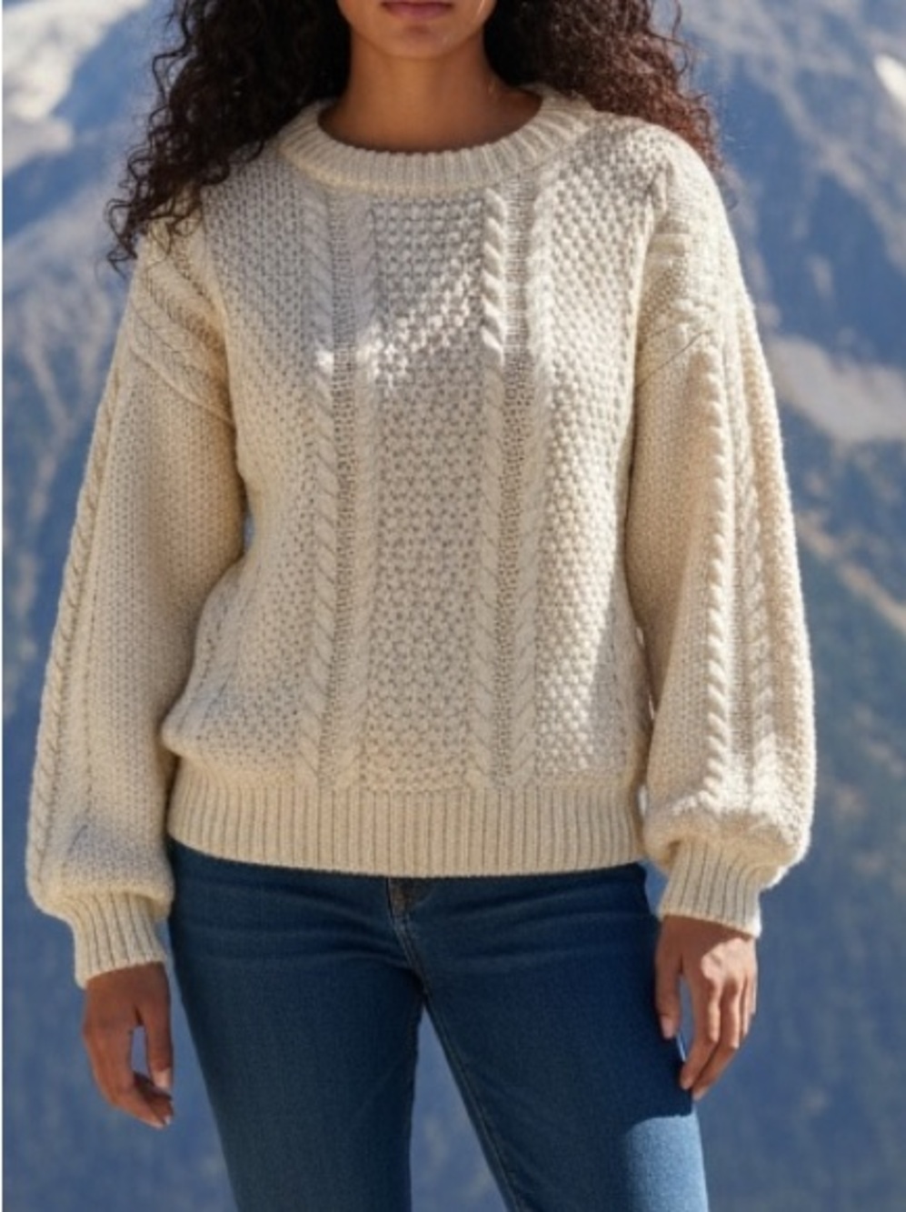 Hand Knit Wool Neutral Fisherman Coastal Cable knit Pull Over Sweater Size M